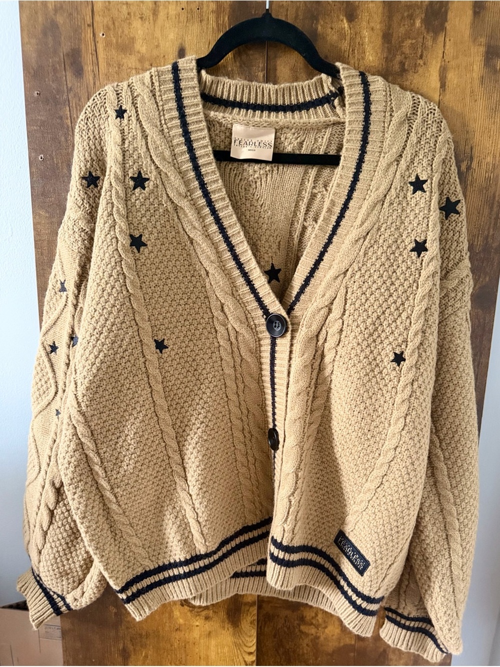 Taylor Swift Tan Cable Knit Cardigan with Black Star Trim